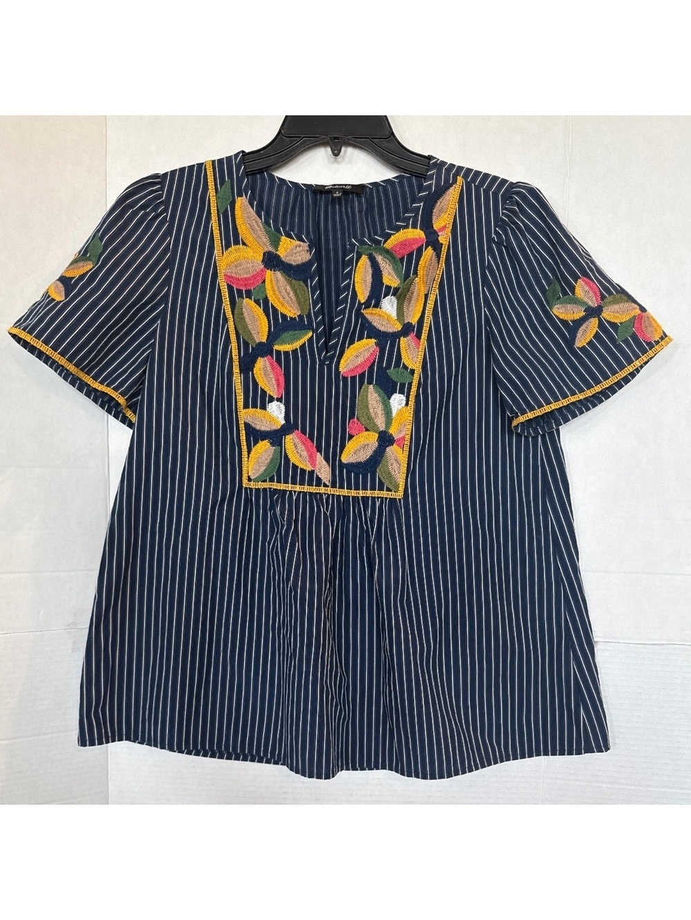 Madewell Navy Blue Pinstripe Embroidered Cotton Blouse Size S
